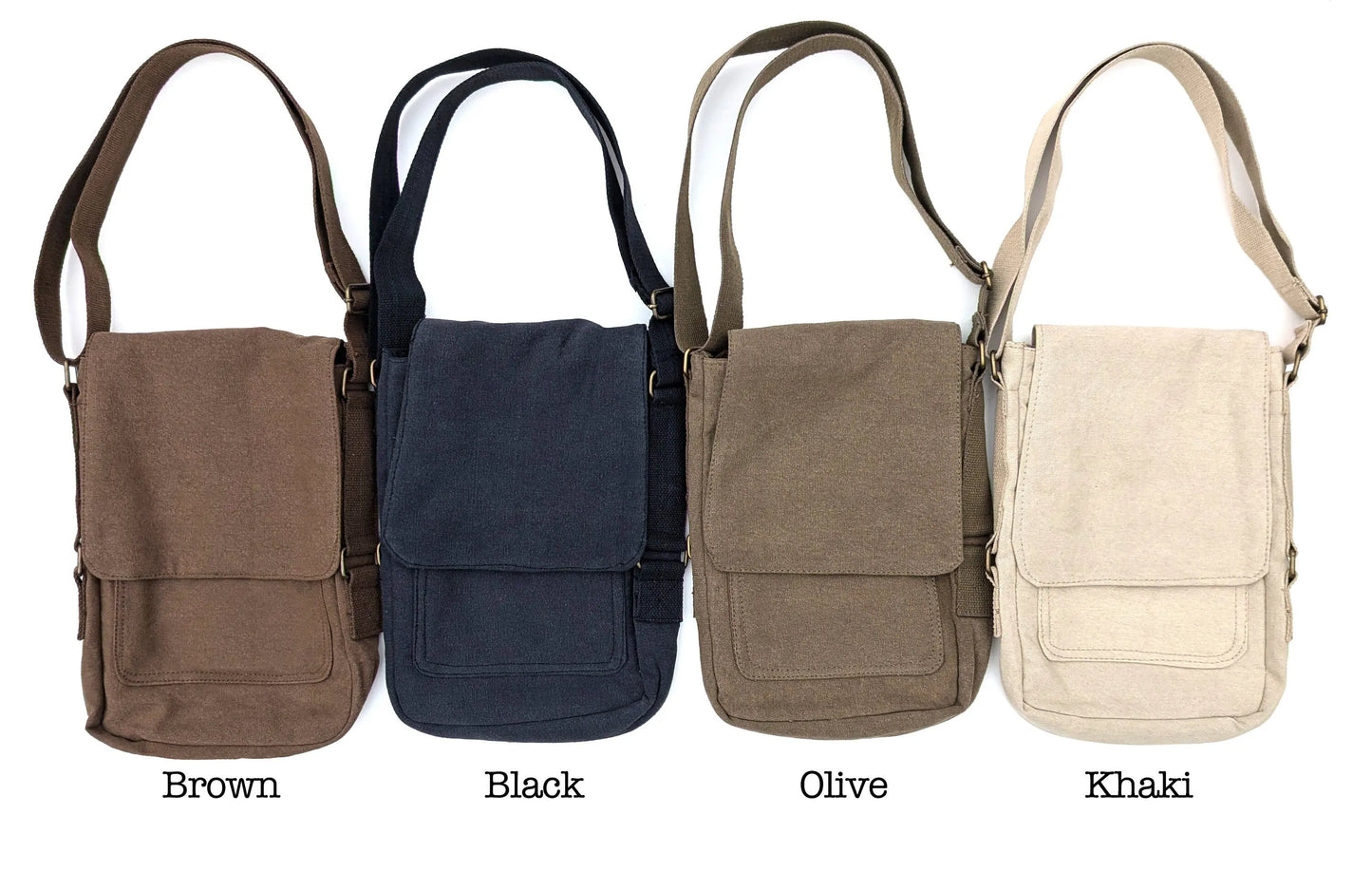 Four canvas crossbody bags in brown, black, olive, and khaki with adjustable straps