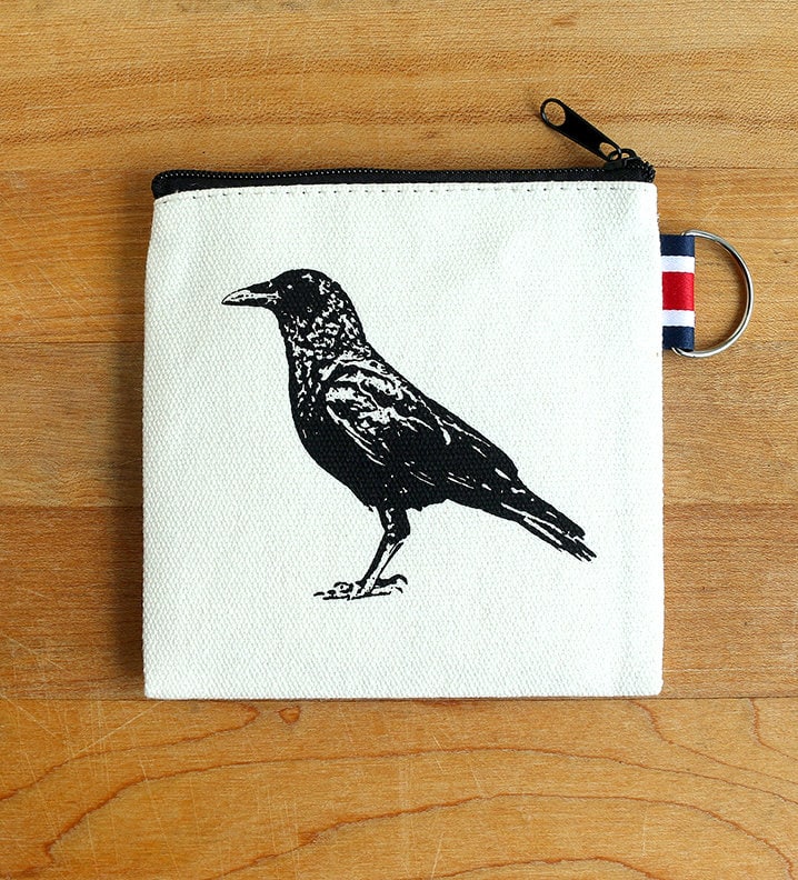 Crow Raven Screen Printed Canvas Coin Purse Gift Card Holder