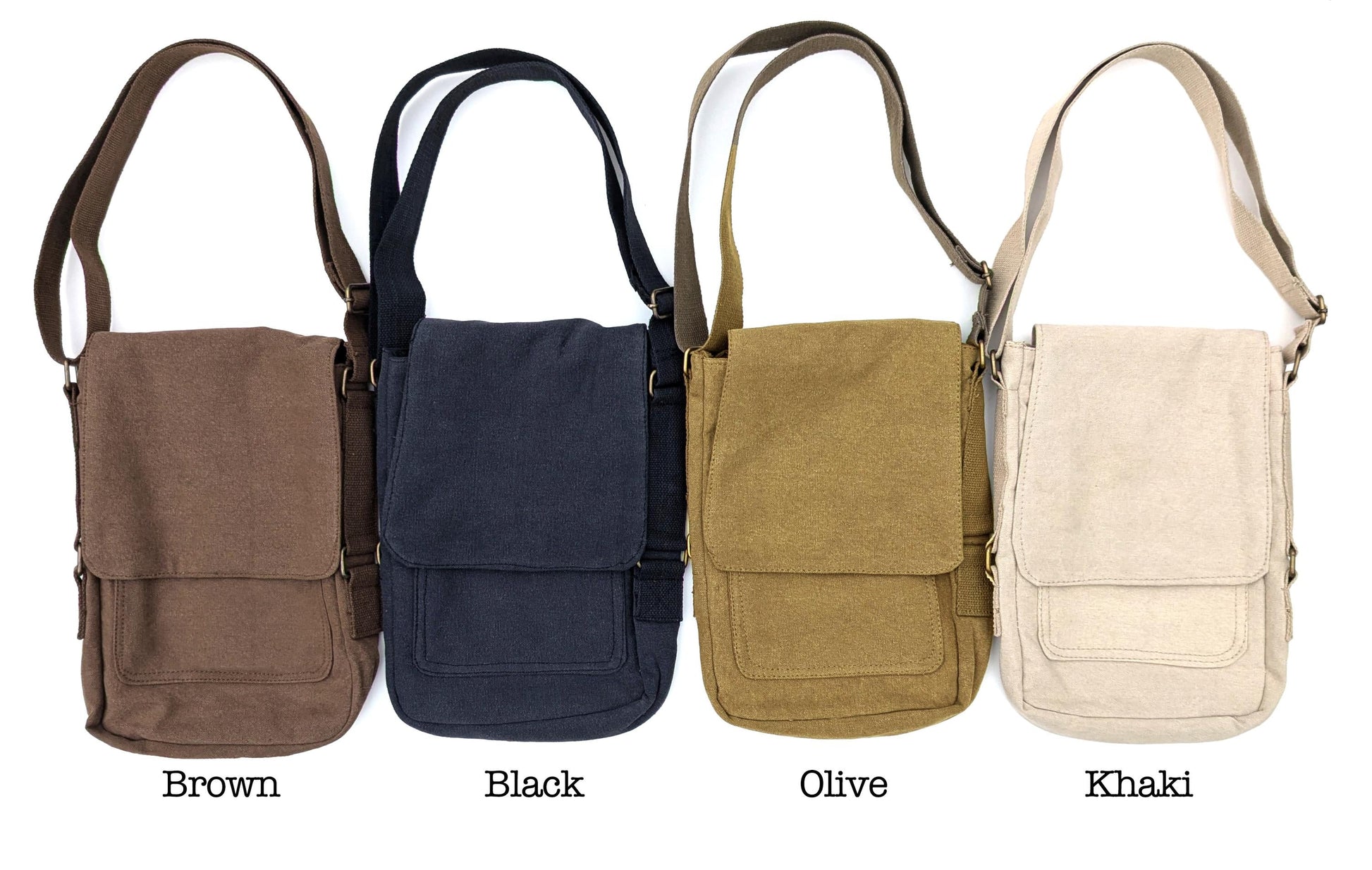 Four canvas crossbody bags in brown, black, olive, and khaki on white background