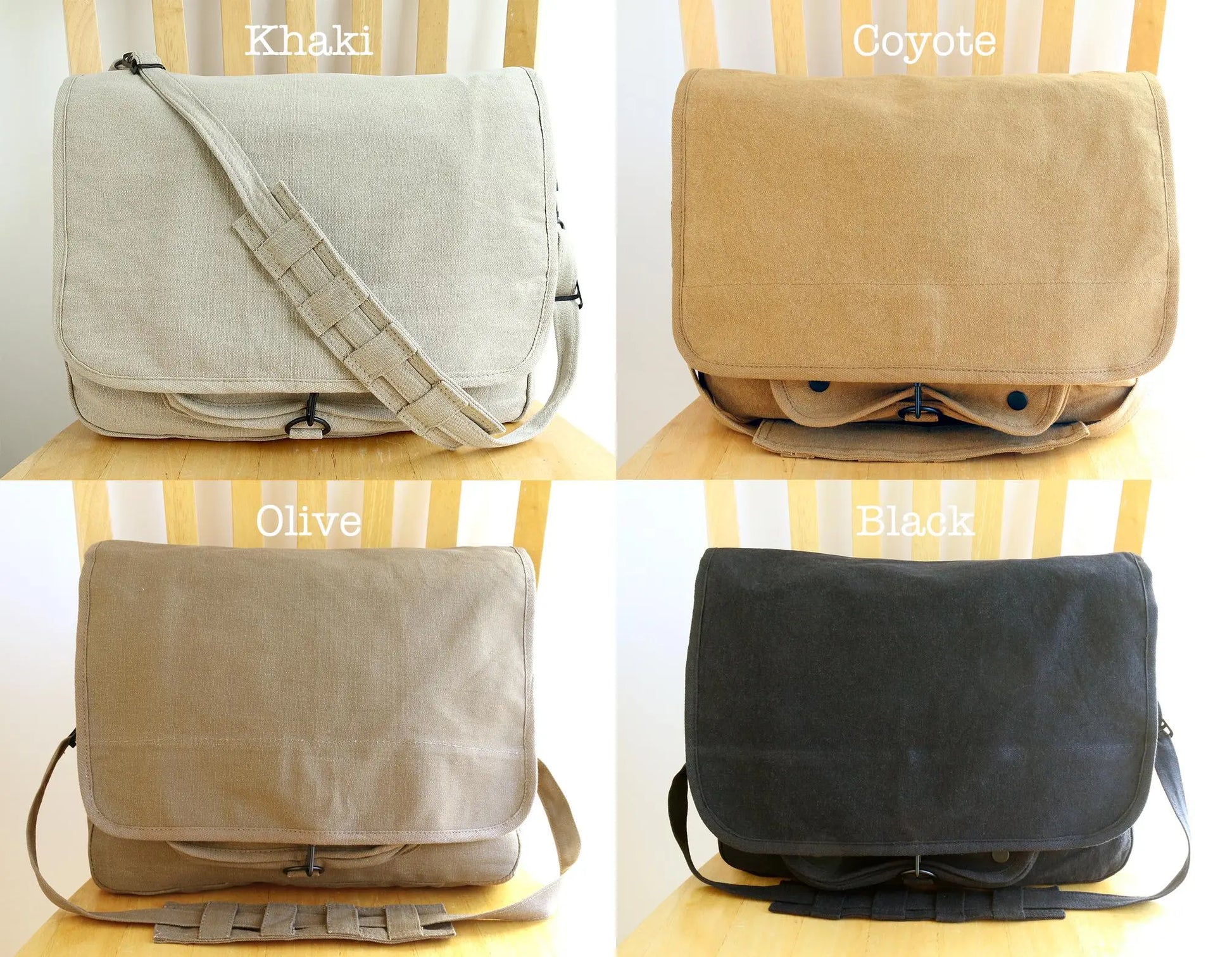Four canvas messenger bags in khaki, coyote, olive, and black colors on chairs